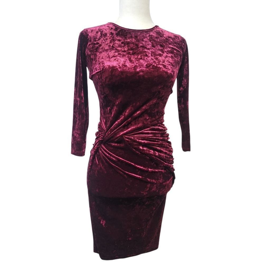 River Island Crushed Velvet Long Sleeve Dress in Rich Maroon